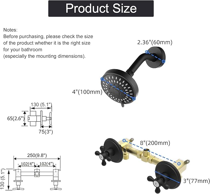 2 Handle Shower Faucet and 5 Mode Shower Head, Matte Black Two Handle Shower Faucet Bathroom Shower Trim Kit with Rough-in Valve, BY2H002
