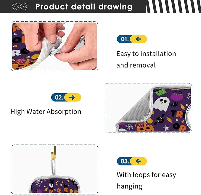 Happy Halloween Purple Faucet Sink Mat for Kitchen 2 Pack Spooky Ghost Pumpkin Bat Witch Bathroom Drying Mat Absorbent Splash Water Catcher Mats Microfiber Cloth Drip Protector Splash Pad 14x5 Inches