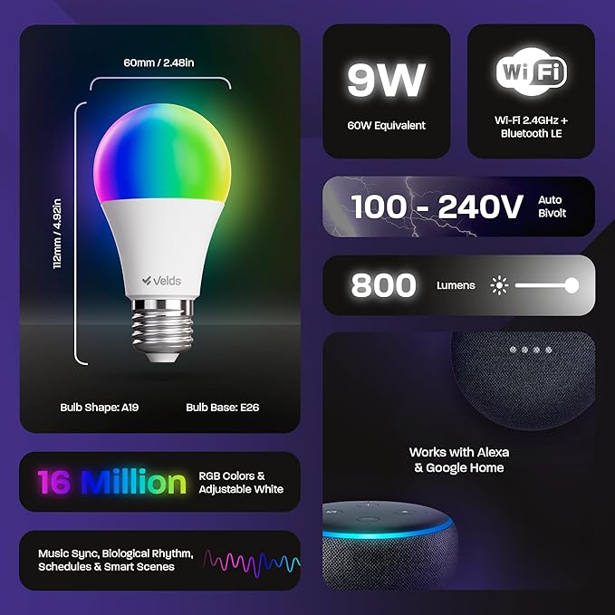 Smart Light Bulb, RGB Color Changing LED 16M Colors, Tunable White 1800K-6500K, WiFi Bluetooth Compatible with Alexa Google Home, No Hub Required, A19 E26 9W 800LM, Dimmable Circadian Rhythm