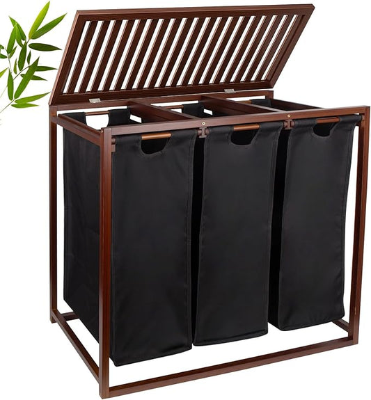 Bamboo Laundry Hamper 3 Section with Lid, 150 L Laundry Sorter with Pull-Out Removable Washable Bags, 3 × 12.5 Gal Divided Laundry Baskets for Laundry Room, Bathroom (Black)