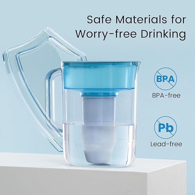 Waterdrop TDS Reduction Water Filter Pitcher with 1 Filter, 10-Cup, 4-Stage Filtration System, Reduces PFOA/PFOS, Lead, Chlorine, and More, BPA Free, Blue