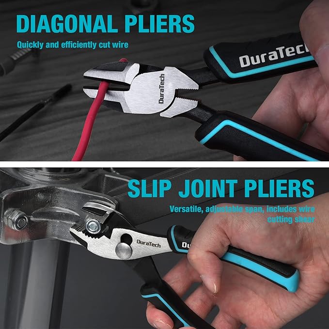 DURATECH 7-Piece Pliers Set with Rolling Pouch, Premium Cr-Ni Construction (10", 8" Groove Joint Pliers, 8", 6" Long Needle Nose, 8" Linesman, 6" Slip Joint, 6" Diagonal) for Basic Repair