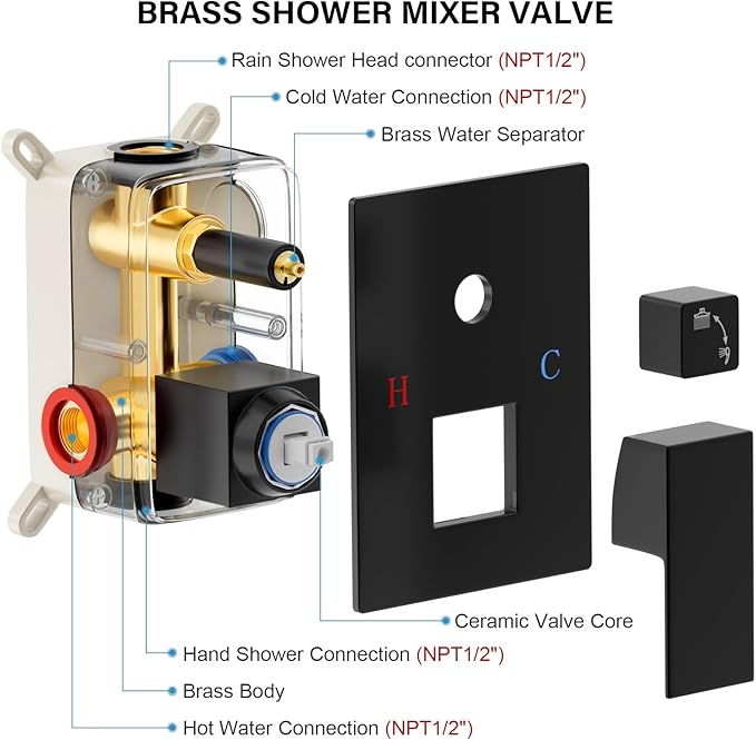 Black Shower Faucet Set, Rainfall Shower System with Square Shower Head and Handle Set, Wall Mounted Shower Fixtures, Full Metal Trim Repair Kit 16 inch Matte Black (With Shower Valve)