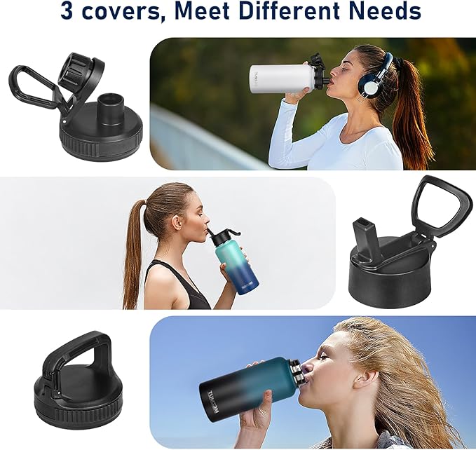 Stainless Steel Water Bottles 32oz Insulated Water Bottle with Straw&3 Lids Double Walled Sports Metal Thermos Water Bottle Cup Leak-Proof Vacuum Insulated Bottles Travel (Gradient Green Black)