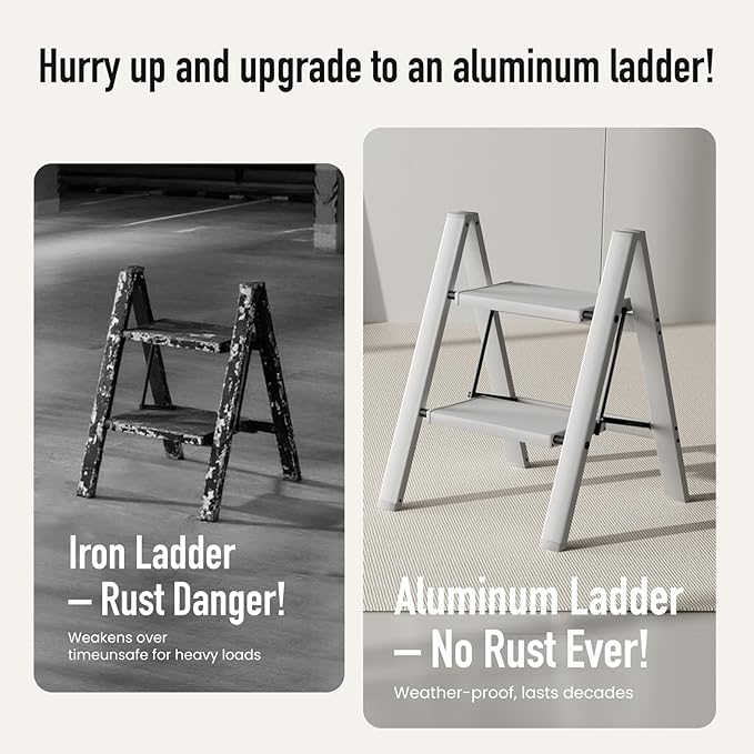 2 Step Ladder,Aluminum Folding Step Stool for Adults,Step Ladder with Wide Anti-Slip Pedal,330 lbs Capacity for Home,Office,Kitchen,Library(Grey)