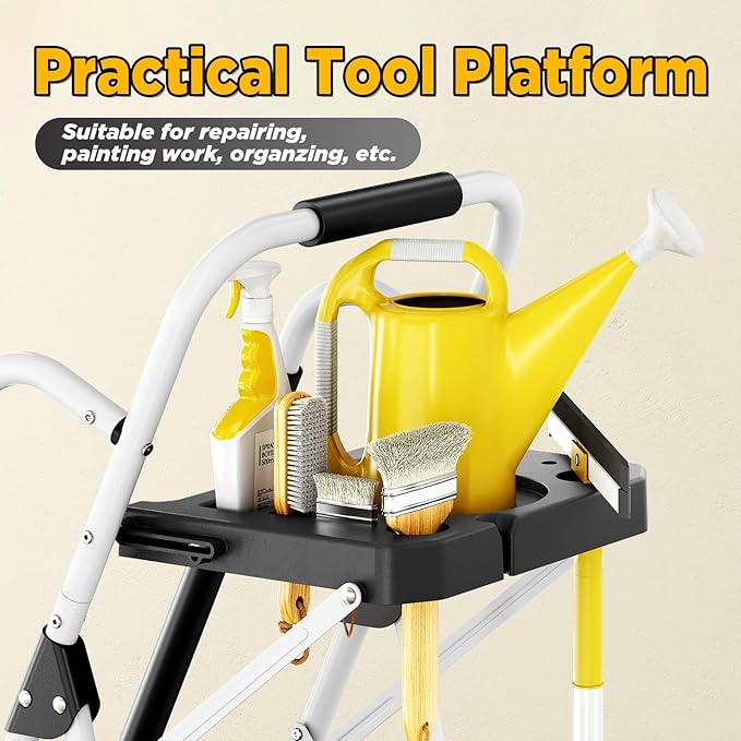 5 Step Ladder with Tool Tray, Folding Steel Step Stool with Safety Lock, Anti-Slip Wide Pedals, Pass 800lbs Load Testing, Handrail, Heavy Duty Ladder for Multi-Purpose, Indoor, Office