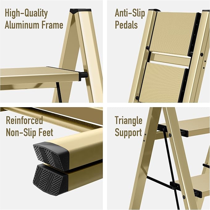 4 Step Ladder,Aluminum Folding Step Ladder for Adults,Step Ladder with Wide Anti-Slip Pedal,330 lbs Capacity for Home,Office,Kitchen,Library(Gold)