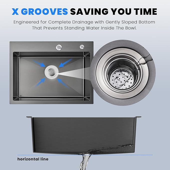 25 Inch Drop In Kitchen Sink, POPFLY 25x18 Black Stainless Steel Top mount Workstation Sink, 9 Inch Deep 18 Gauge One Bowl 2 Holes Sink