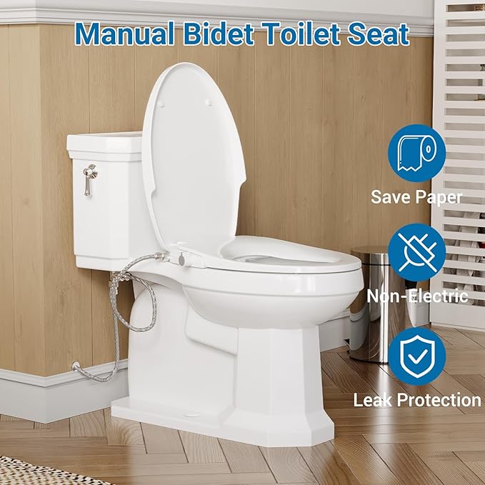 Bidet Toilet Seat for Elongated Toilet, PP Non-Electric Cold Water Bidet Attachment with Self-Cleaning Spray Nozzle, Hygienic Toilet Seat Cover for Women, Easy to Install, White, 19 Inch