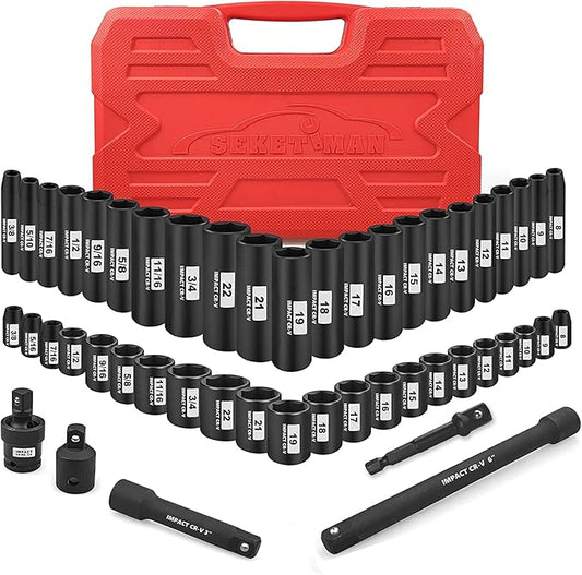 SEKETMAN 3/8-Inch Drive Impact Socket Set,49 Pieces,SAE/Metric,Deep/Shallow,(5/16"-3/4",8mm-22mm),6 Point,CR-V Steel,Includes Extension Bar,Adapter and Universal Joint