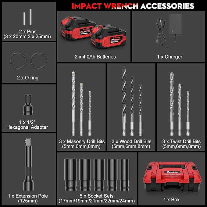 Sundpey Cordless Impact Wrench 1033Ft-lbs - 1400N·m High Torque Impact Gun - 21V Brushless Impact Driver with 2pcs 4.0Ah Battery & 5 Sockets & 9 Drill Bits & 1/2" Hexagonal Adapter for Car Truck Home