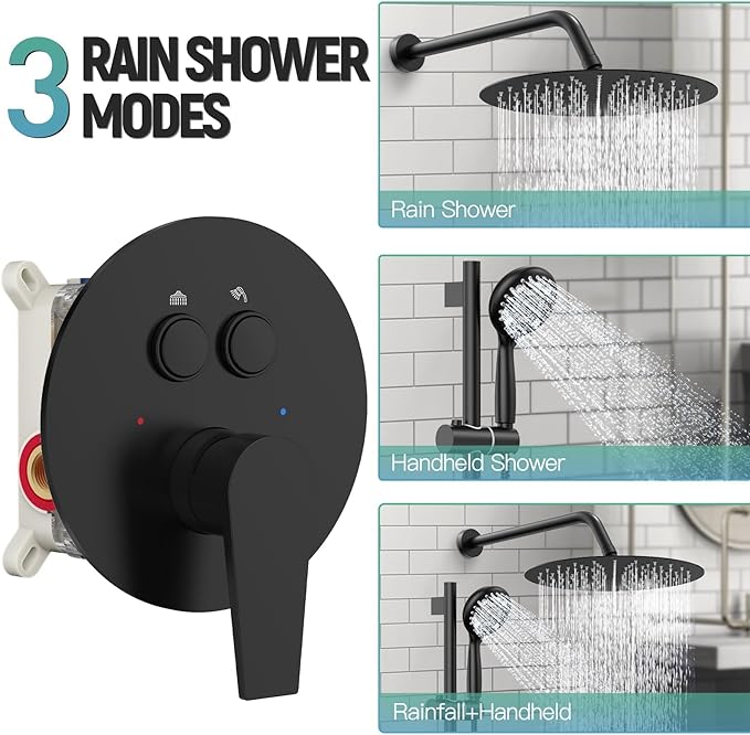SR SUN RISE Matte Black Shower Faucet Set - 12 Inch Rain Shower Head with Adjustable Slide Bar Combo Set - Wall Mounted Rain Shower System Bathroom (Valve and Trim Kit Included)
