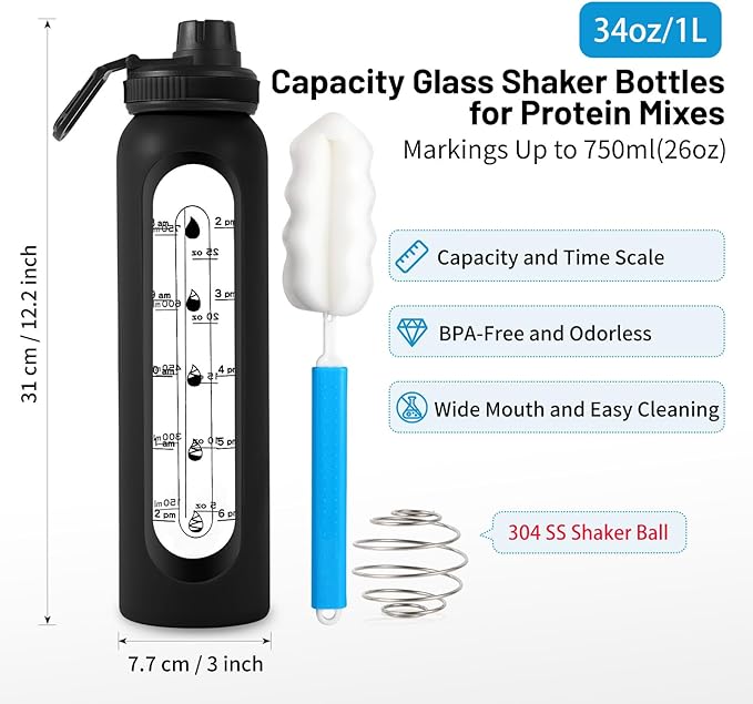Glass Shaker Bottle,34oz BPA-Free Blender Shaker Bottle With Ball and Cleaning Brush for Protein Mixes Fitness