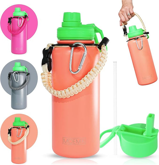 32oz Insulated Water Bottle with Paracord Handle and Straw, Stainless Steel Cup with 2 Lids & Straw, BPA-Free, Thermo Bottle Double Wall Vacuum Insulation, for Gym, Sports (Coral Orange)
