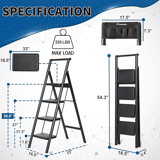 Double Elite Step Ladder 4 Step Folding with Handgrip, Safer 330 Lbs Load Folding Step Stool, Convenient Small Step Ladder with Tool Bag, Sturdy Ladders for Adults with Wide Pedals, Black