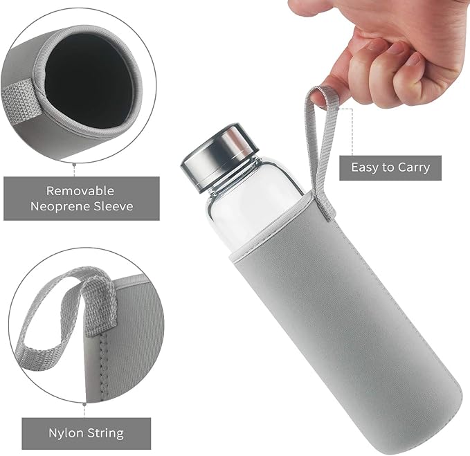 Borosilicate Glass Water Bottle, Sports Glass Drinking Bottle with Neoprene Sleeve and Stainless Steel Lid 16oz / 32oz (16oz, Forest)