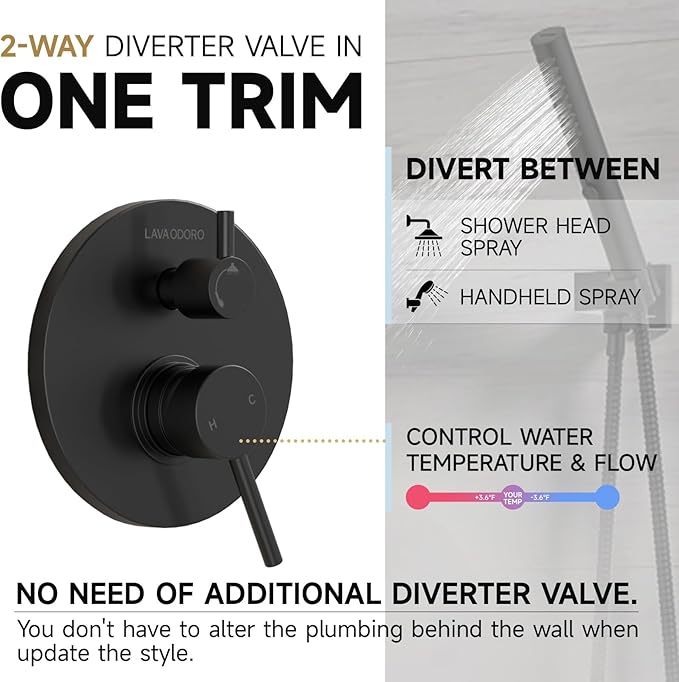 Lava Odoro Modern 2-Setting Round Rain Shower System with Handheld, Matte Black Rainfall Shower Faucet Set Rain Shower Head and Handle Set, Shower Valve Trim Kit, 10 Inch, Matte Black, SF104-MB