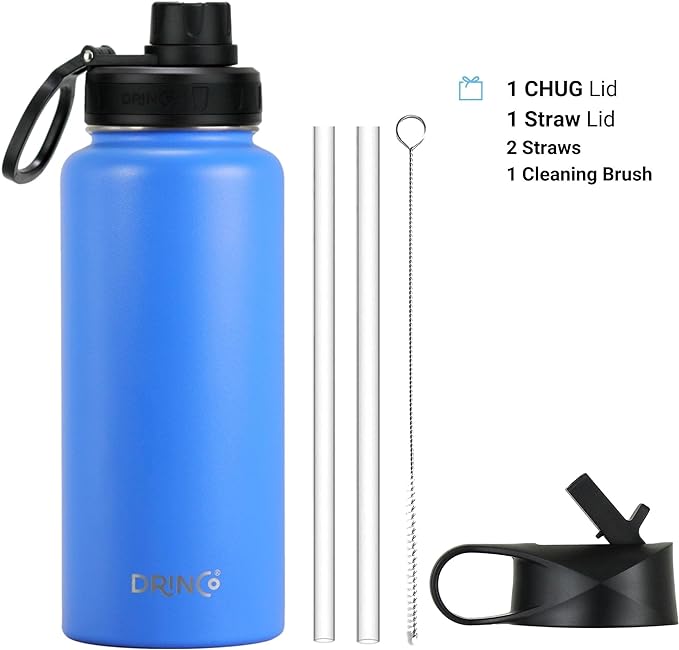 DRINCO Stainless Steel Water Bottle Spout Lid Vacuum Insulated Double Wall Water Bottle Wide Mouth (40oz 32oz 22oz 18oz 14oz) Leak Proof Keep Cold Sport Camping Hiking (32 oz, 32oz Royal Blue)