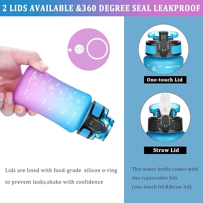 GOPPUS Kids Water Bottle with Straw Spout Lid 10pcs Stickers 12 oz Leak-proof BPA Free Motivational Time Marker Tritan Plastic Water Bottles for Girls Boys School Sports