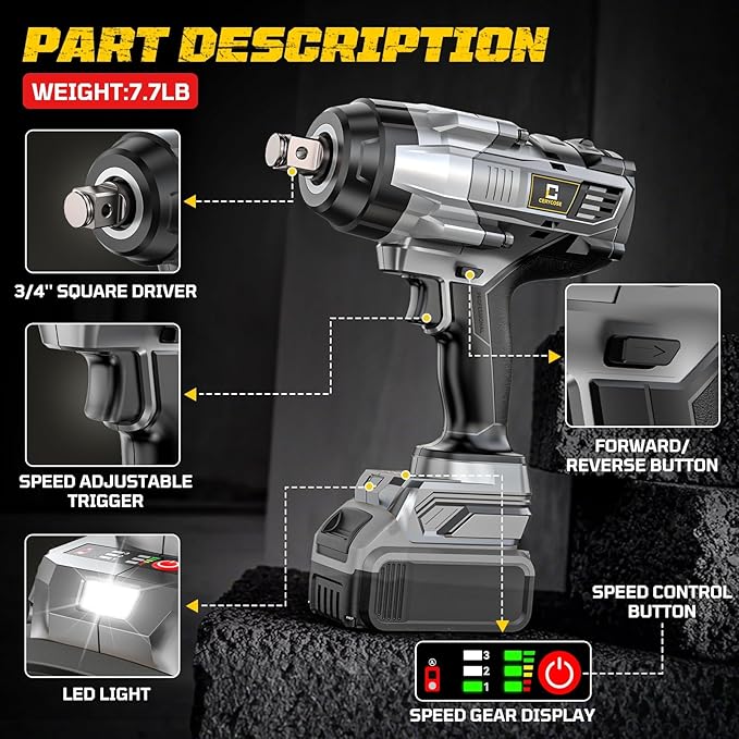 Cordless Impact Wrench 3/4 inch compatible with Dewalt 20V Battery, 1850ft-lbs (2500N.m) Brushless Electric Impact Gun, High Torque Impact Driver, Bare Tool Only, Heavy-Duty Automotive & Industrial