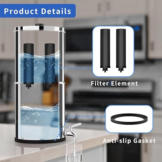 Gravity-Fed Water Filter System 1.5G Stainless Steel Countertop Water Filtration System with 2 Carbon Filters Reduce Lead and 99% Chlorine Conforms to NSF/ANSI 42&372 Standards Portable