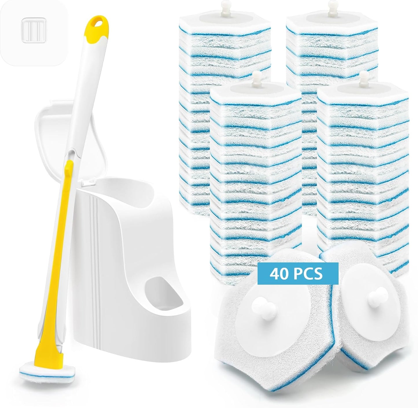JEHONN Disposable Toilet Brush with 40PCS Wand Cleaner Refills, Wall Mounted Toilet Bowl Brush Holder Set, Bathroom Cleaning System for Sink Bathtub Wash Basin (Yellow)
