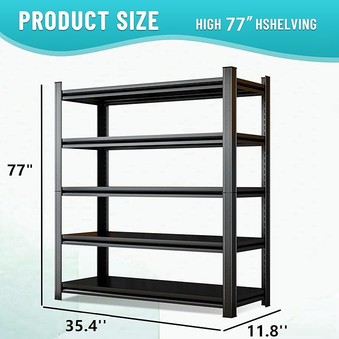 Heavy Duty 5-Tier Shelving Unit 2500LBS Capacity - Adjustable Steel Garage Shelves for Warehouse, Basement Storage(35.4''W×11.8''D×77''H)