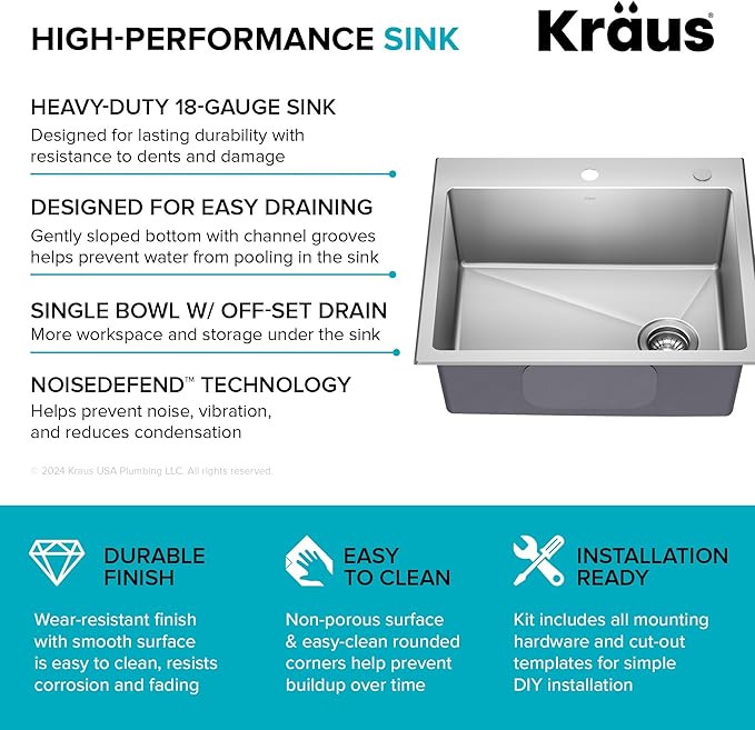 KRAUS Fairlane 25-inch Drop In/Top Mount Single Bowl 18-Gauge Stainless Steel Kitchen Sink, KHT641-25