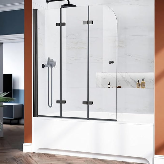Bathtub Shower Doors 51.2-51.8 in. W × 59 in. H, 1/4" (6mm) Clear Tempered Glass Shower Door, Framless Bi-fold Triple Glass Panels Shower Door with Clamps, Matte Black