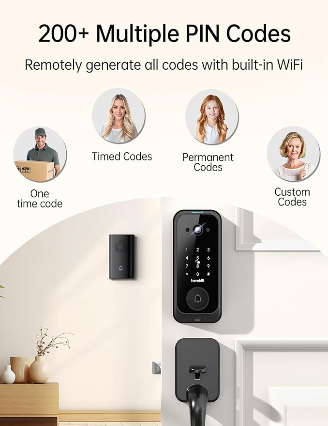 Smart Front Door Lock Sets: 2K HD Camera Lock with Doorbell Kits, Hornbill Fingerprint Keyless Entry Door Lock with Handles, WiFi Deadbolt(only 2.4G) for Remote Control, Free APP/Alexa/PIR, Black