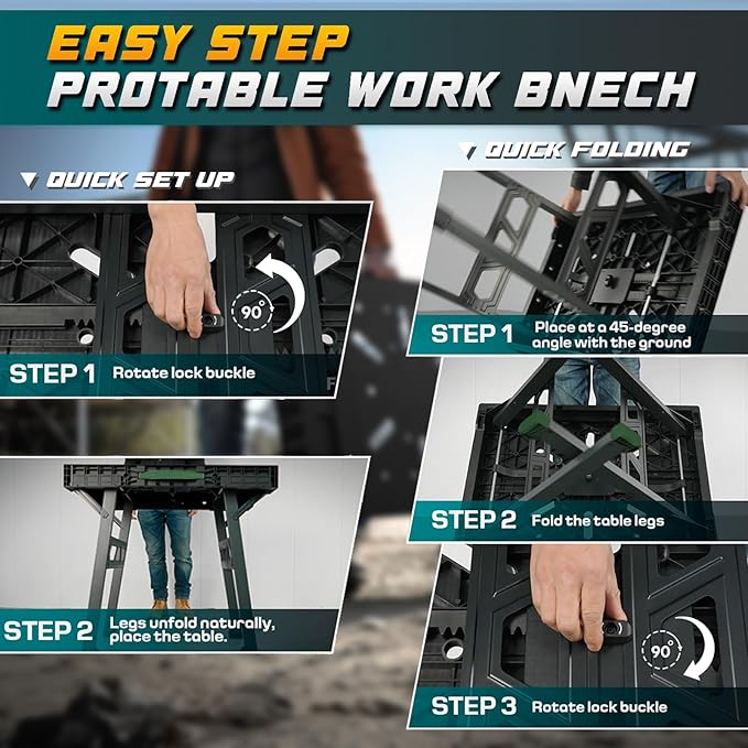 Foldable Work Bench,Easy Step Protable Work Table,34" W x 25" D x 31" H Lightweight Workbench wih 1650 LBS,Work Benches for Garage,Work Bench Suitable for Garage,Workshop and Home (Green)