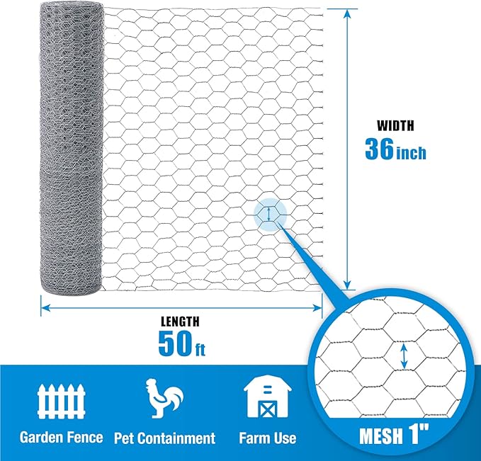Fencer Wire 20 Gauge Chicken Wire Fence, Galvanized Poultry Hexagonal Netting Crafting, Chicken Coops & Rabbit Rodent Cage, 1-Inch Hex Grid (3 ft. x 50 ft.)