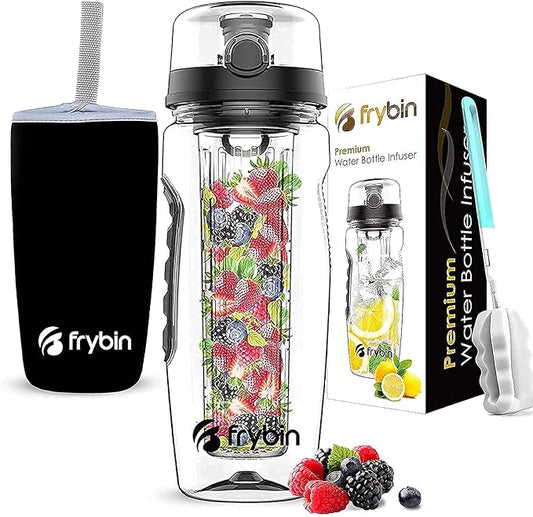 Fruit Infuser Water Bottle | Removable Infusion Basket for Flavor | Bonus Brush and Sleeve for Freshness | Made of Durable TRITAN Plastic | BPA Free Water Infuser Bottle, 32 Ounce (Black)