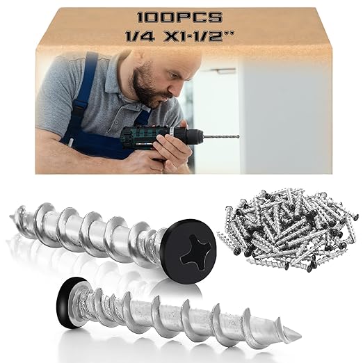Blulu 100 pcs Drywall Anchors 1/4 x 1-1/2 Inch Black Pan Head Alloy Steel Light Wall Anchors Heavy Duty Self Drilling Screws for Drywall, Wood and Other Masonry Materials