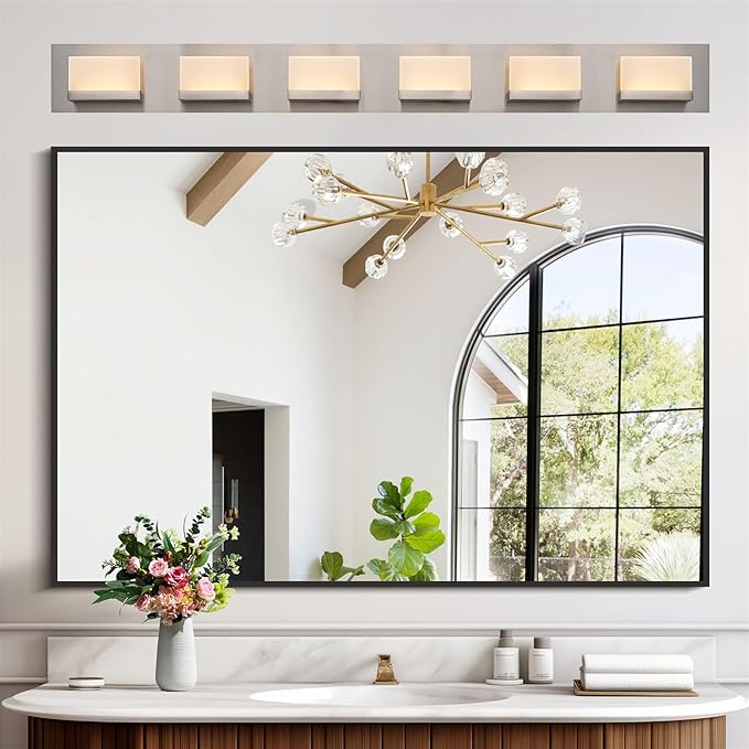 Kira Home Everett 48" Modern 6-Light 60W Integrated LED (360W eq.) Bathroom/Vanity Light, Rectangular Acrylic Lenses, Energy Efficient, Eco-Friendly, 3000k Warm White Light, Brushed Nickel Finish