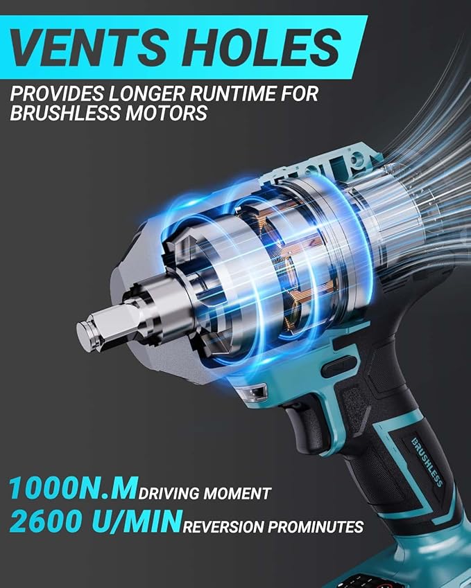 21V Cordless Impact Wrench Kit, 750Ft-lbs (1000N.m) 1/2" Brushless Impact Gun with 6 Mode Speed, Electric 2600RPM High Torque Power Impact Driver for Car Truck Mower (1000Nm)