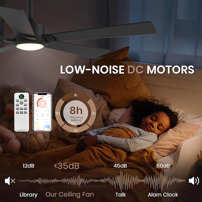 GESUM Black Ceiling Fan with Light, 52 In Outdoor Ceiling Fan for Patio, 5 Reversible Blades, Dimmable, 3CCT, Smart Ceiling Fan with Remote/App Control for Living Room Kitchen Bedroom (Black)