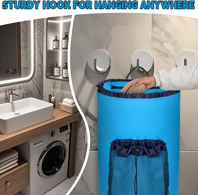 Laundry Bag Backpack with Shoulder Straps and Mesh Pocket Foldable Laundry Hamper for College, Apartment, Laundromat (Blue)