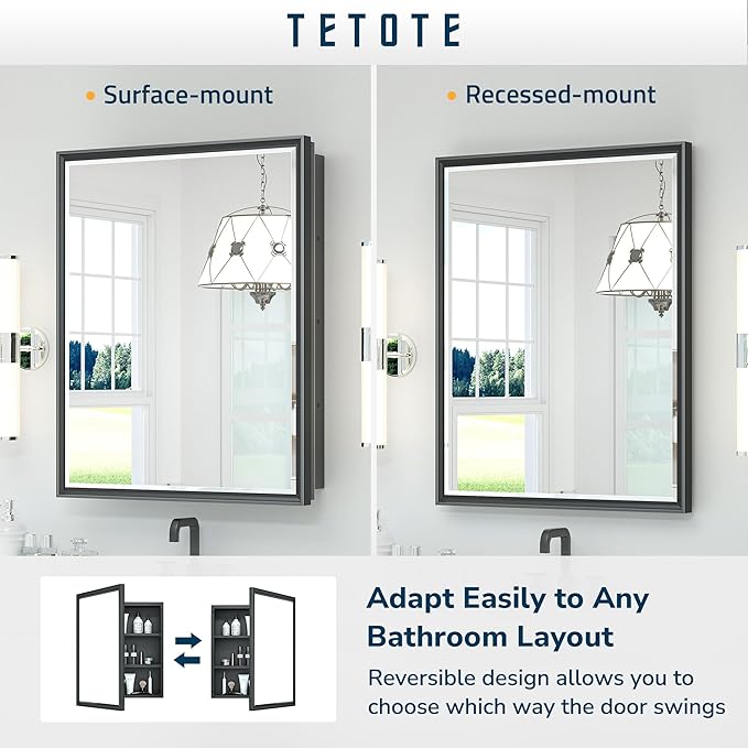 TETOTE Black Medicine Cabinet with Mirror for Bathroom 17x25 Inch Aluminum Framed Surface or Recessed Wall-Mounted Medicine Cabinets Beveled Mirror with Storage 1 Door Modern Farmhouse