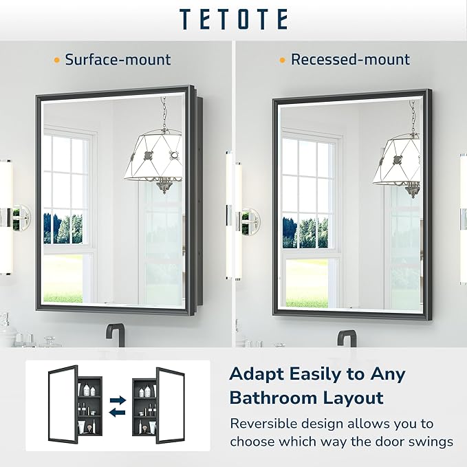 TETOTE 48x30 Inch Medicine Cabinet with Mirror Black Framed Bathroom Aluminum Framed Surface Recessed Wall-Mounted Medicine Cabinets Beveled Mirror with Storage 3 Door Modern Farmhouse