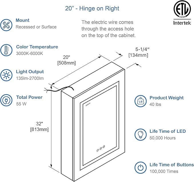 Blossom LED Medicine Cabinet with Mirror, 20x32 In | Lighted Bathroom Mirror Medicine Cabinet with Defogger | Recessed or Surface 3X Makeup Mirror, 3 Color Dimmer, Outlets & USB | A2(M)-20-Right Hinge