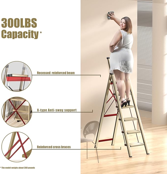 6 Step Ladder, Folding Step Stool with Handgrip and Anti-Slip Wide Pedal, Portable Lightweight Aluminum Stepladder for Kitchen, Home, Library, Office (300 lbs Capacity) - Gold