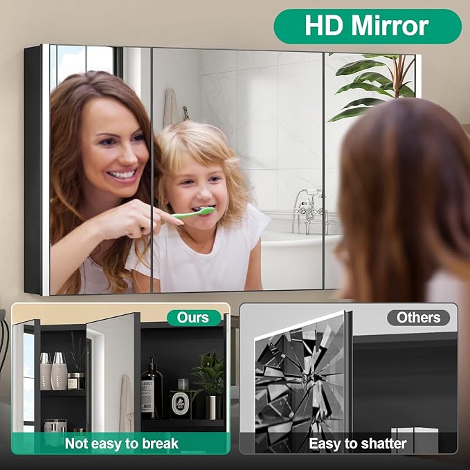 40x24 Inch Medicine Cabinet with Light, AL Alloy Frame, Full-Assembled Bathroom Mirror Cabinet with Brightness Adjustable and Storage Shelves, Led Medicine Cabinet with Recessed or Wall Mount,Black