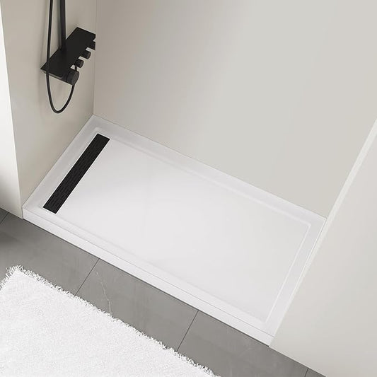 MORVANO 32 x 60 Shower Base with Single Threshold Rectangular Left Drain Location Shower Base in Glossy White,Acrylic Shower Pan With Black Stainess Steel Cover