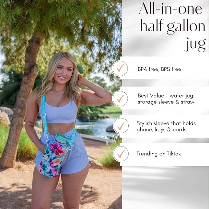 H2O Capsule 2.2L Half Gallon Water Bottle with Storage Sleeve and Covered Straw Lid – BPA Free Large Reusable Drink Container with Handle - Big Sports Jug, 2.2 Liter (74 Ounce)