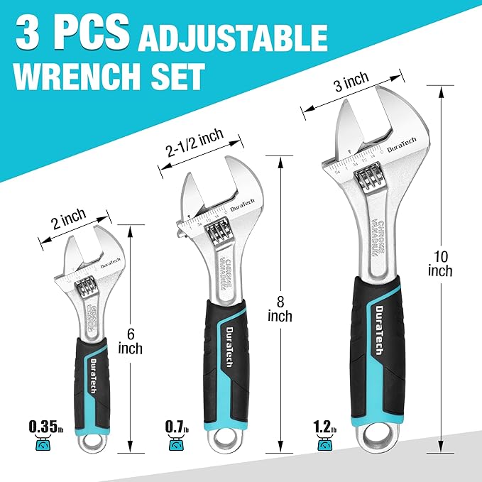 DURATECH 3-piece Adjustable Wrench Set, 6-Inch& 8-Inch& 10-Inch Wrenches, Wide Jaw Wrench, Metric & SAE Scales, Cr-V Steel, for Home, Garage, Workshop