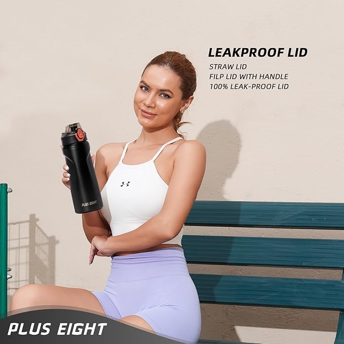 Sports Water Bottle, 25 oz Insulated Water Bottle With Straw, Stainless Steel Water Bottle Wide Mouth for Sports, Gym or Office, BPA-Free Keep Cold 24H Hot 12H (Black)