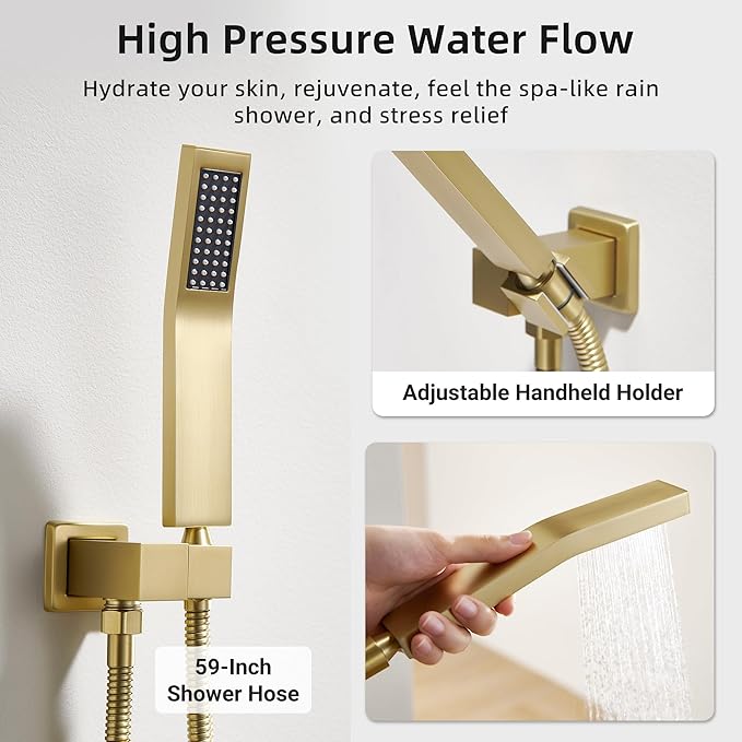 Dasan Brushed Gold Dual Shower Heads System with Ceiling 12-Inch Rainfall Shower & Wall Mount 6-Inch High Pressure Shower Head, Full Body Dual Shower Head Set