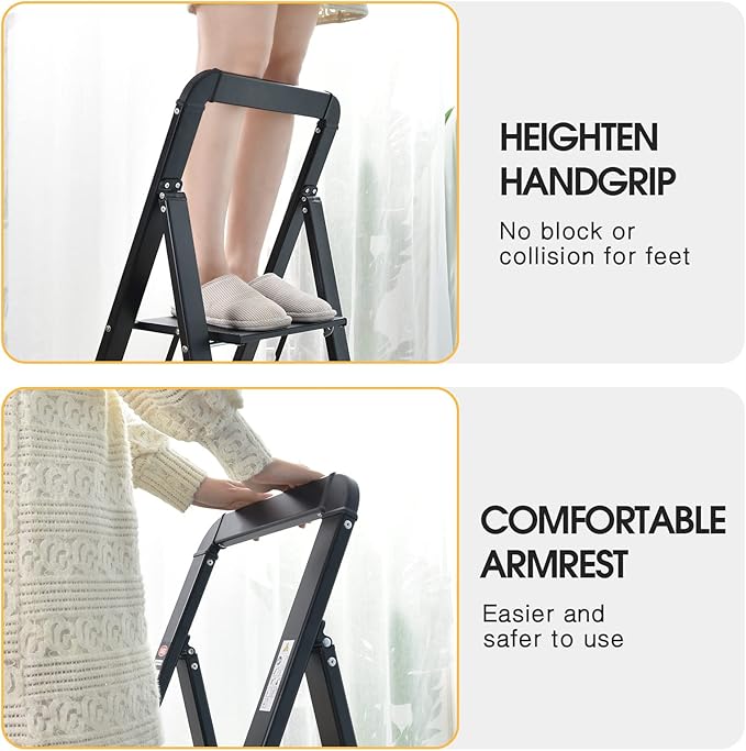 KINGRACK Step Ladder, 2 Steps, Folding Step Ladder with Handrail, Non-Slip Household Ladder with Folding Safety, Aluminium Step Stool, Maximum Load 150 kg, Black