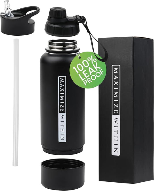 Double Wall Stainless Steel Water bottle with Dual lids (Straw & Spout) Hidden Compartment, Vacuum Insulated, Reusable. Black. 32 oz